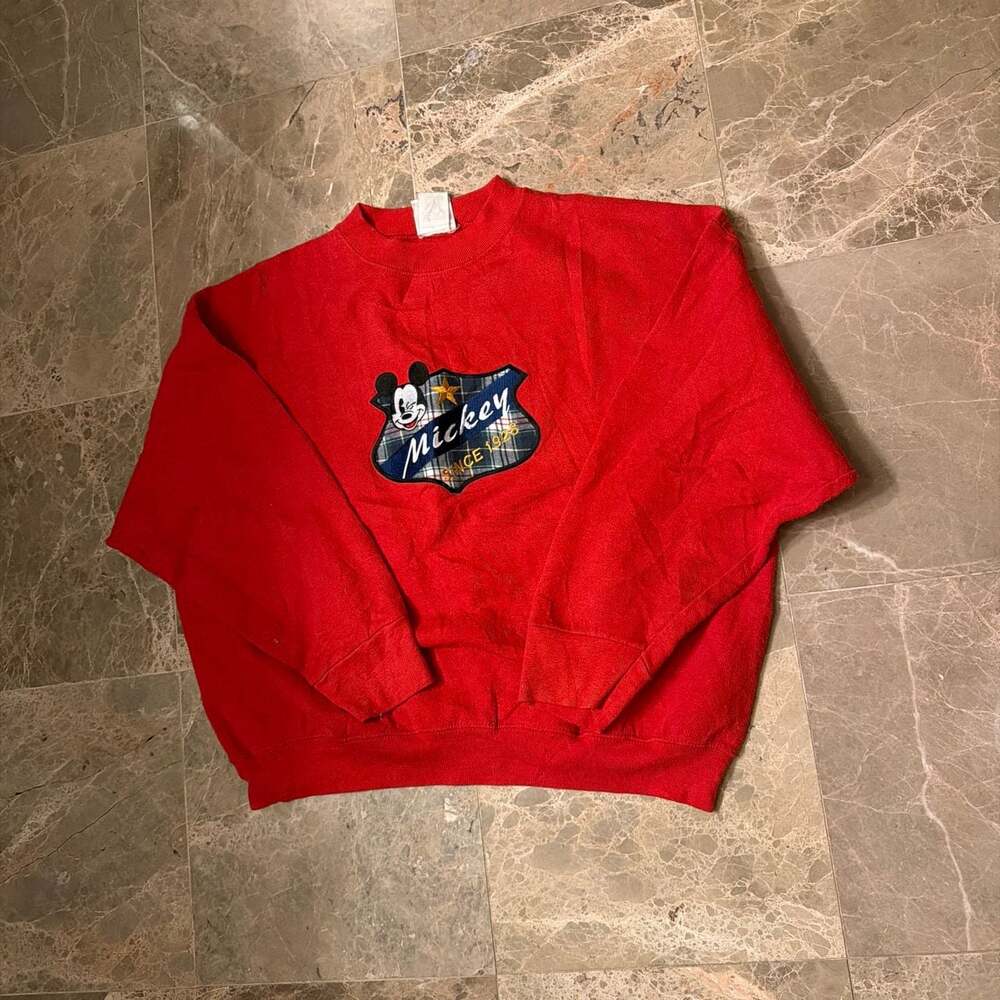 Vintage Mickey & Co. Red Crewneck Sweatshirt with Embroidered Plaid Logo